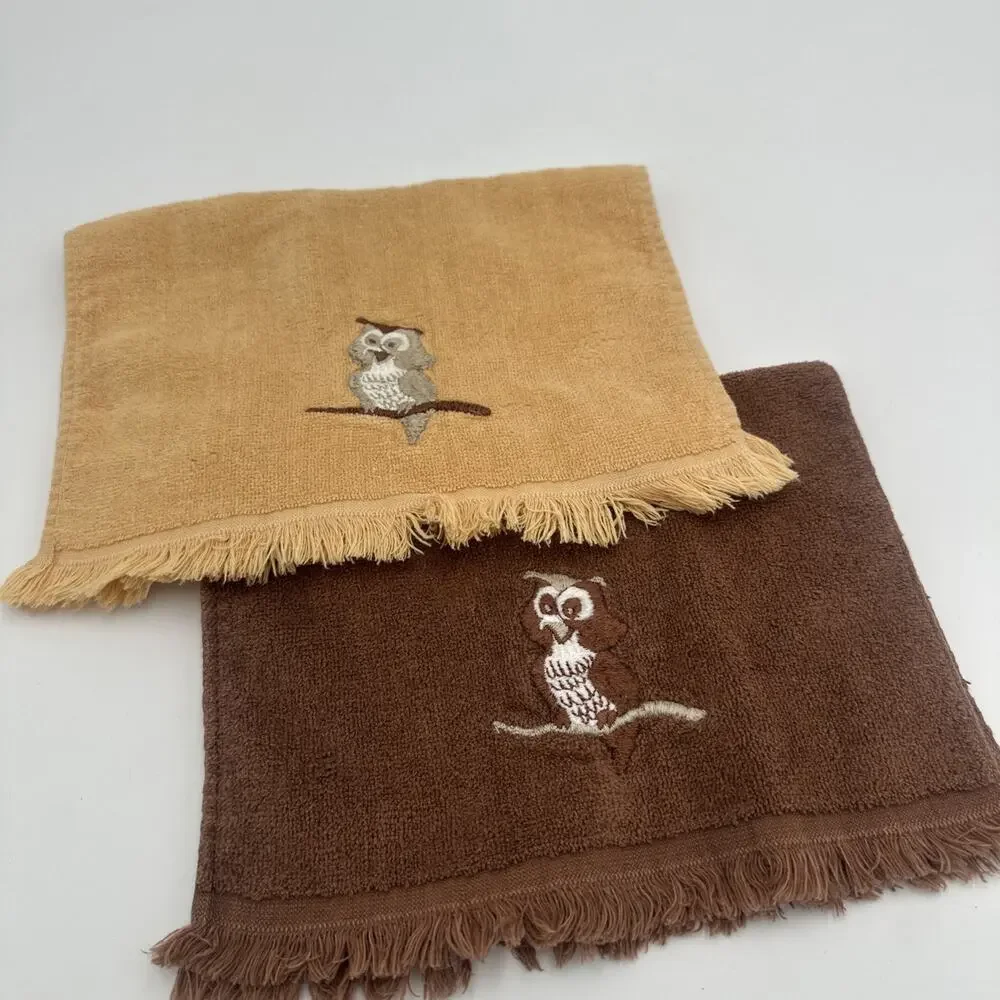2 Vintage Martex Hand Towels Fringe 100% Cotton Brown Yellow Owls